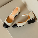 KYLETHOMASW  -  Women Sheepskin Leather Pumps Pearls Chunky Heels Shoes Brand Designer Two Tone Buckle Pumps Wedding Party Dressy Shoes