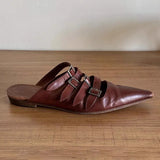 KYLETHOMASW  -  Summer New Women's Brown Wrap Toe Pointed Toe Flat Genuine Leather Belt Buckle Vintage Ladies Outdoor Office Daily Slippers