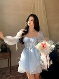 Kylethomasw Sweet Kawaii Mini Dress Vintage Korean Elegant Fashion Party Dress Women Fairy Princess Puff Sleeve Chic Summer 2024 Prom Dress