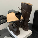 KYLETHOMASW  -  Fashion Punk Style Cross-Strap Low Heels Knee-High Boots Women Belt Buckle Round Toe Zipper Designer Shoes