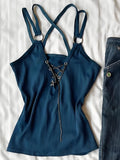 KYLETHOMASW  -  New Y2k Tops American Harajuku Retro Blue Hollow Vest Summer Trendy Design Starlink Slim Hot Girl High Street Outfit V Neck Vest