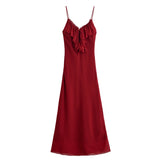 KYLETHOMASW  -  Sexy Women Ruffle V Neck Red Sling Long Dress Fashion Backless Sleeveless Elegant A-line Party Maxi Vestidos Summer