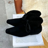KYLETHOMASW  -  Autumn Winter Lace Up Short Fluffy Warm Women's Ankle Boots Comfort Square Toe Chunky Suede Short Boots Low Heels Party Shoes