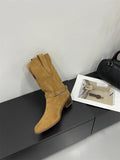 KYLETHOMASW  -  Retro Rivet Belt Buckle Ankle Boots Women Fashion Metal Chain Chunky Heel Designer Boots High Quality Faux Suede Mid Calf Boots