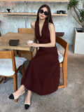 Kylethomasw Folds Long Skirt Two Pieces Set Women's Notched Sleeveless Short Vest Top High Waist Solid Maxi Skirt Fashion Sets 2024