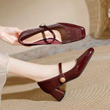 KYLETHOMASW  -  One Line High Heels for Women 2026 New Style Square Toe Thick Heel Mary Jane Single Shoes Large French Red Wedding Shoes Pumps