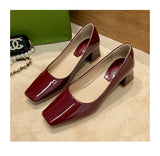 KYLETHOMASW  -  Solid Japanned Leather Pumps Woman Block High Heels Shoes OL Ladies Dress Work Escarpins Femmes Designer Luxury Tacones Mujer