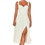 Kylethomasw Sundress Midi Slip Backless Pleated Slit White Yellow Lace-up Flowers  Ummer Spring Floral Dress Women's Sexy Casual Fashion