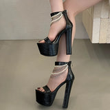 KYLETHOMASW  -  Women Sandals Silver Chain Open Toe Pumps Street Style Chunky Platform Super Square High Heels Zipper Banquet Shoes