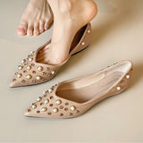 KYLETHOMASW  -  Pearl Rhinestone Decoration Flat Shoes Women Soft Leather Pointed Toe Ballet Flats Comfort Commuter Office Mary Jane Loafers