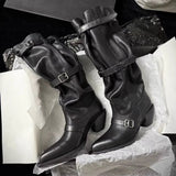KYLETHOMASW  -  Women's Slouchy Knee High Boots Pointed Toe Buckle Straps Western Cowboy Style Chunky Heel Fashion Ruched Autumn/Winter Footwear