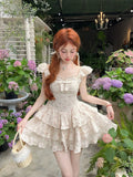 KYLETHOMASW  -  2025 Girl Dress Sweet Floral Square Neck Bow Women Korean Version Slimming Style Spliced Fluffy Cute Sweet Dresses