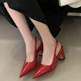KYLETHOMASW  -  High Quality Patent Leather Buckle Strap Pumps Women Slingback Pointed Toe Square Heels Wedding Party Shoes