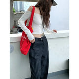 Kylethomasw Vintage Contrast Color Striped Casual Jeans Women Autumn New American High Waist Loose All-match Denim Wide Leg Pants