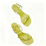 KYLETHOMASW  -  New Women Leather Heeled Sandals Single Thin Band Square Toe Ankle Buckle Stilettos Rhinestone Decor
