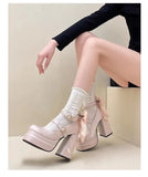 KYLETHOMASW  -  Pink Lolita High Heels Women's Pumps 2025 Cute Bow Round Ankle Straps Chunky Platform Mary Jane Shoes Embroidered Heels Women