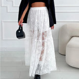 Kylethomasw   - American Retro Hollow See-through Lace A-line Skirt Women 2024 Summer New High Waist Solid Color Loose Casual Mid-length Skirt