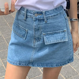 KYLETHOMASW  -  Fashion Elegant Solid Color Women's High Waisted Denim Short Skirt Retro Blue Washed Style Summer New