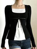 KYLETHOMASW  -  French Sweet Patchwork Contrast Color Fake Two Piece Slim Square Collar Long Sleeve Slim T-Shirts