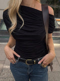 KYLETHOMASW  -  summer new style sloping shoulder off-shoulder T-shirt asymmetric pleated pure color short sleeve