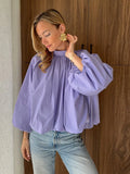 KYLETHOMASW  -  Hollow Out Backless Bowknot Blouses For Women Solid Lantern Sleeve Stand Collar Shirts Lady 2025 Spring Summer Streetwear Tops