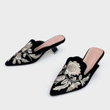 KYLETHOMASW  -  Embroidery Velour Shoes Woman Strange Heel Slippers Design Mules Femme Pointed Toe Wedges Tacones Slides Slip On Pantuflas Mujer