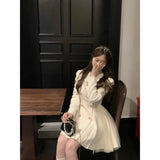 KYLETHOMASW  -  Elegant Mini Party Dress Women Fashion Mesh Patchwork Pleated Dresses Autumn Korean Double Breasted Long Sleeve Bodycon Vestidos