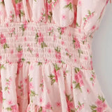 KYLETHOMASW  -  Sexy Pink Floral Print Elastic Slash Shoulder Dress Folded Elastic Waist Swing A-line Short Tank Robe Holiday Femme Vestidos