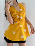 KYLETHOMASW  -  Fashion Embroidered Jacquard Twisted Vest Shirt Women Summer New Retro Vacation Style V-neck Hanging Neck Top