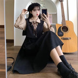 KIylethomasw Vintage Patchwork Dress Long Sleeve Spring Autumn Preppy Style Temperament Clothing Fake Two Piece Female Slim Women Dresses