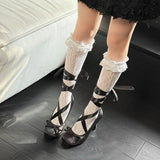 KYLETHOMASW  -  French Fairy Tale Style Ballet Flats High Heels Women's Spring Autumn Bow Tie Silk Round Toe Thin Heel Rubber Bottom Shoes