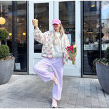 KYLETHOMASW  -  Casual Lamb's Wool Patchwork Women Coat Print 3d Flower Pocket Long Sleeve Zippers Female Jacket 2025 Autumn Winter Lady Outwear
