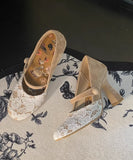 KYLETHOMASW  -  khaki Suede Lace Patchwork Mary Jane Pumps Retro Floral Lace Overlay Ankle Strap Block Heel Elegant Women's High Heels