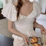 KYLETHOMASW  -  V Neck Blouses Spring Summer Puff Sleeve Vintage Solid Sweet Women Shirts Korean Fashion Elegant Blusas Mujer