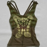 KYLETHOMASW  -  American Punk Y2K Fairycore Butterfly Print Cami Top - Women's Green Striped Cutout Strappy Tank Top with Glitter Graphic E-girl