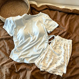 KYLETHOMASW  -  Pajama Set Solid Lace Trim Top Cute Rabbit Print Shorts Ladies Home Clothes Sleepwear Loungewear Summer New Sweet Cute Nightwear