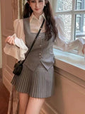 KYLETHOMASW  -  Sweet 3 Piece Set Women Flare Sleeve Shirt Square Collar Vest Pleated Mini Skirt Autumn Spring Solid Y2K Korean Chic Outfits New