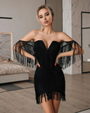 Kylethomasw New Women Fashion Tassel Bandage Dress Sexy V Neck Off Shoulder Bodycon Nightclub Celebrity Female Solid Party Mini Dresses