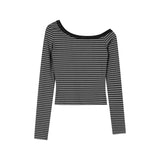 Kylethomasw Vintage Slant Collar Strapless Sexy Asymmetric Long Sleeve T-shirt Women Spring New Streetwear Contrast Color Striped Tops