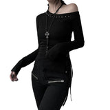 KYLETHOMASW  -  Splicing diagonal collar long sleeved T-shirt with asymmetrical slit design, slimming top for spicy girls