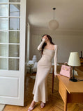 KYLETHOMASW  -  French Vintage Women Beige Elegant Square Neck Fishtail Evening Party Dresses Autumn Long Sleeve Vacation Pleated Wrap Hip Dress