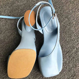 KYLETHOMASW  -  Women's Leather Sandals Square Toe Ankle Strap Chunky Heel Elegant Party Evening Shoes Fashionable Summer Footwear