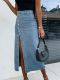 KYLETHOMASW  -  Women's Denim Skirt Solid Color High Waist Oblique Button Up Split Long Skirt for Travel Party