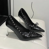 KYLETHOMASW  -  Women's Shallow Stiletto Pointed Toe Rivet Sexy Spring and Autumn New Bow High Heels