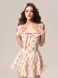 KYLETHOMASW  -  Floral Print Bodycon Dress Women Lace Patchwork Spaghetti Strap Dress with Bow Above Knee Summer Cute Birthday Dress