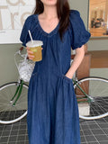 KYLETHOMASW  -  Women Dress Korean Chic Summer Retro Temperament V-neck Pleated Waist Slim Double Pocket Bubble Sleeve Denim Vestidos