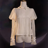 KYLETHOMASW  -  Vintage Mesh White Shirts Women Japanese Lolita Lace Bow Black Blouses Summer Kawaii Cute Ruffles Long Sleeve Design Tops