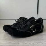 KYLETHOMASW  -  Retro Square Toe Ballet Sneaker Women Fashion Leather Patchwork Sports Shoes Casual Lace Up Belt Buckle Design Mary Jane Shoes