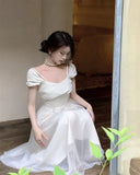 KYLETHOMASW  -  Women Vintage Sweet Mesh Patchwork Elegant Party Dresses Summer Solid Square Collar Short Sleeve Slim Fairy Midi Dress Vestidos