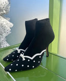 KYLETHOMASW  -  Elegant Pink Knit Sock Ankle Boots Black Polka Dot Print Mini Bow Decor Thin Stiletto Heel Boots Retro Sweet Style Fashion Shoes